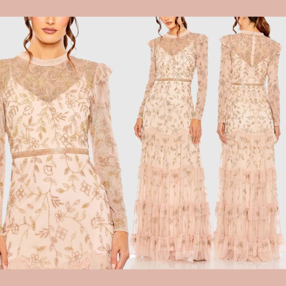 NWT MAC DUGGAL [ 16 ] 9237 Flutter Cap Long Sleeve Tiered Embellished Gown Blush